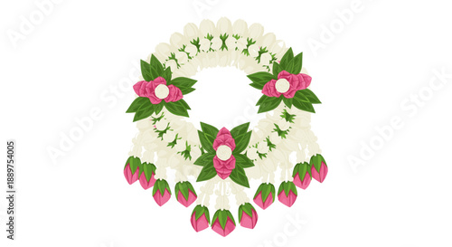 Paper cut illustration of a Thai jasmine garland with flowers and leaves  