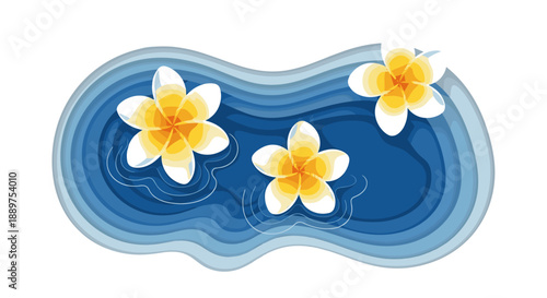 Paper cut illustration of Frangipani flowers on water in blue background  