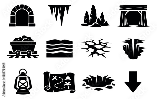 Stylized silhouette underground exploration set featuring cave entrances, mining elements, and geological formations for adventure and game design