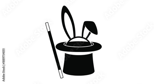 A black silhouette of a rabbit appearing from a magician s hat