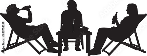 Three silhouetted people relaxing on lawn chairs with drinks also transparent background silhouettes