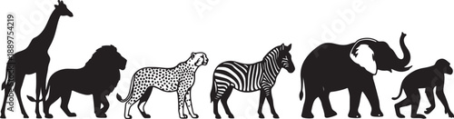 Silhouettes of Giraffe Lion Cheetah Zebra and Elephant Standing in a Row on White Background also transparent background