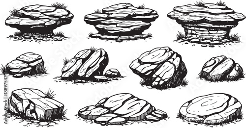 Various Large Rocks and Boulders on Grass with Detailed Textures and Shading also transparent background