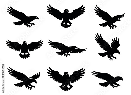 Black eagle silhouette set featuring predatory birds in various flight poses for logos and designs
