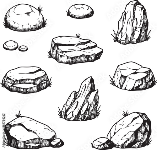Various types of rocks and stones with different textures and shapes on a white background also transparent background