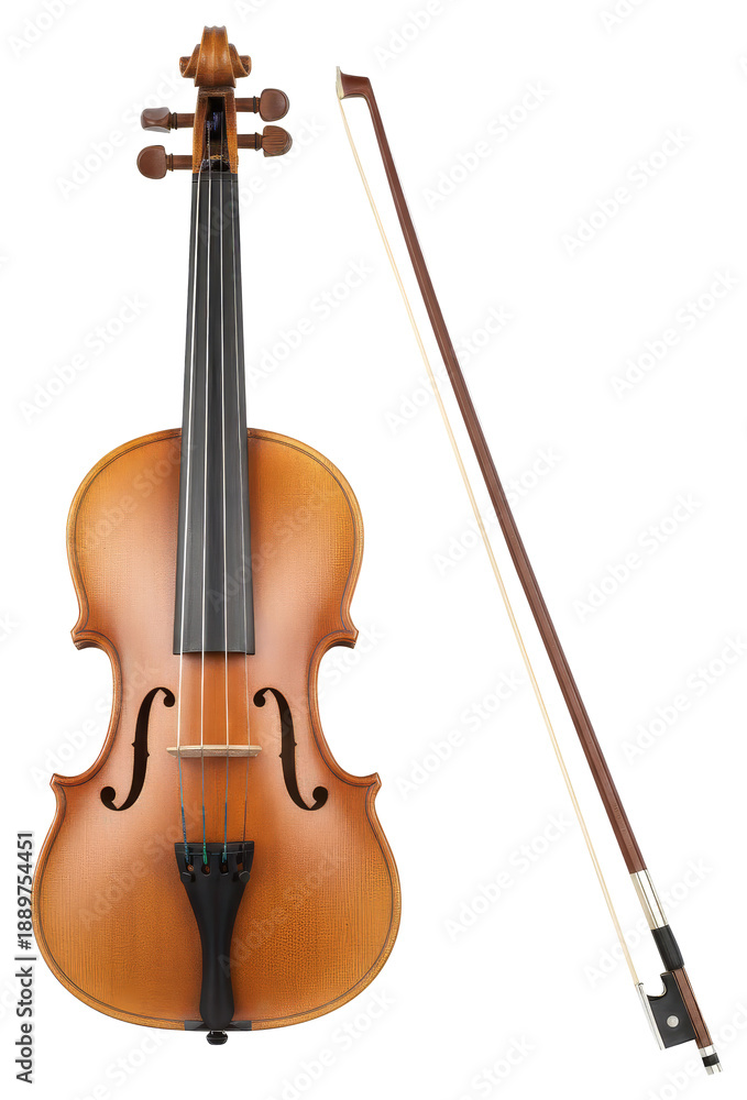 Fototapeta premium Violin with bow isolated on white background, classic string musical instrument for orchestra, classical music, education, performance, and elegant artistic concepts.PNG File.