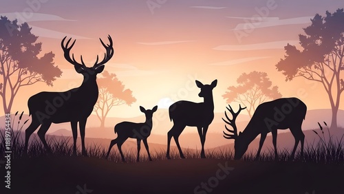 Silhouette of Deer Family in Forest at Sunset, Minimalist Wildlife Landscape Illustration