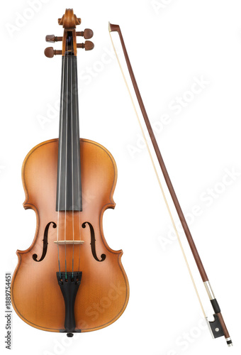 Violin with bow isolated on white background, classic string musical instrument for orchestra, classical music, education, performance, and elegant artistic concepts.PNG File.