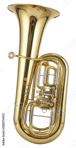 Brass tuba musical instrument isolated on white background, classical wind instrument for orchestra, band, music education, performance, and professional sound concepts.
