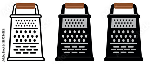 Flat design kitchen grater set featuring line art, filled, and silhouette versions for cooking and culinary themes