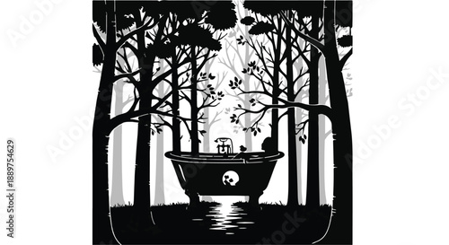 Tranquil forest scene with a meditative pond and yin yang symbol at dawn