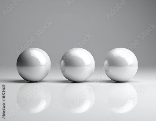 Three glossy white spheres sit in a row with perfect reflections