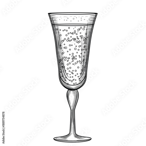 Tulip flute champagne glass hand-drawn vector illustration in line art style. Retro sparkling wine sketch. Flirty festive drink. Vintage engraving for bars and menus.