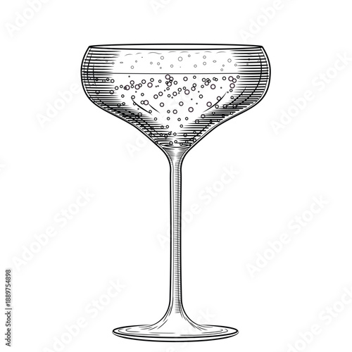 Wide coupe champagne glass, hand drawn vector illustration in line art style. Retro cabaret sparkling wine sketch. Flirty festive drink. Vintage engraving for bars and menus.