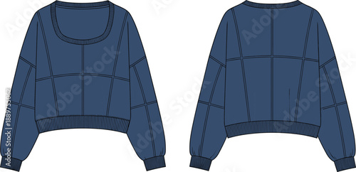 Technical fashion sketch of paneled cropped sweatshirt with scoop neckline, grid seam detailing, ribbed cuffs and hem, front and back view for garment design illustration