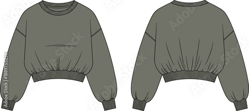 Technical fashion sketch of oversized cropped sweatshirt with dropped shoulders, ribbed cuffs and hem, front and back view for garment design and illustration