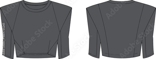 Technical flat sketch of long-sleeve cropped top with crew neckline, angular seam lines, front and back views for fashion design and garment construction