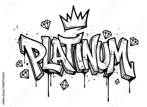 Platinum graffiti text with diamond and crown hand drawn street art style