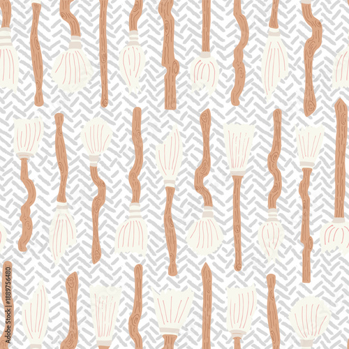Collection of magic broomsticks with wooden handles stacked in a cupboard, with a herringbone pattern background in colors of off white, brown and blue-gray. Halloween seamless vector pattern. 