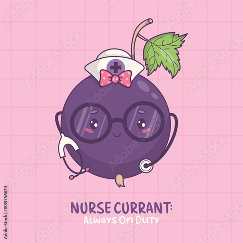 Nurse Blackcurrant Girl with Stethoscope. Cute Kawaii Berry Currant Mascot Medical Character in Glasses and Hat on Pink Checkered Background. Cool Card with Quote. Vector illustration