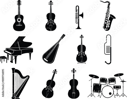Black and white musical instruments guitar violin