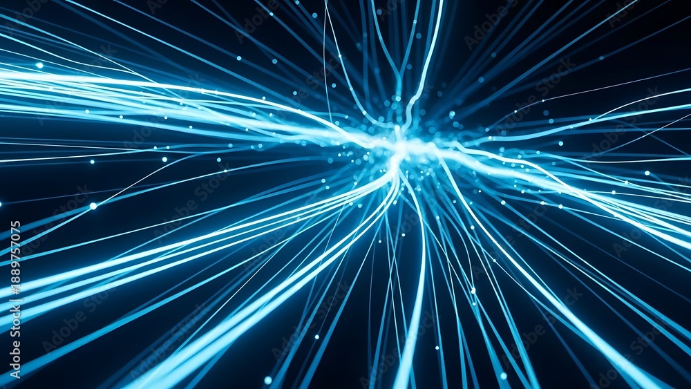 Fototapeta premium Bright blue light beams radiating outward in a dynamic abstract pattern with glowing particles