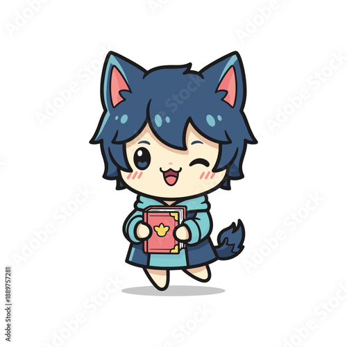 Cute Cat Girl with Heart-Shaped Book