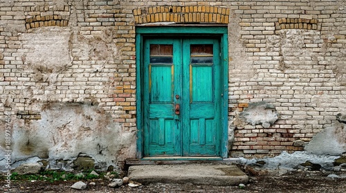 Weathered turquoise door in rustic brick wall