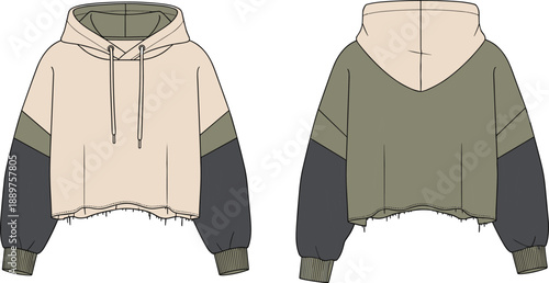 Technical fashion sketch of color-blocked cropped hoodie with drawstring hood, raw hem, ribbed cuffs, front and back view for garment design and apparel production