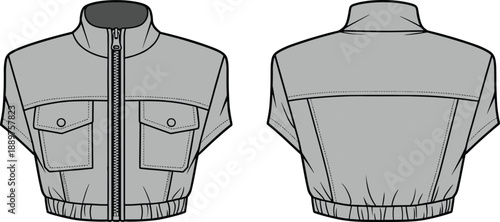 Technical fashion sketch of cropped short-sleeve jacket with high collar, zipper front, flap pockets, elastic hem, front and back view for garment design
