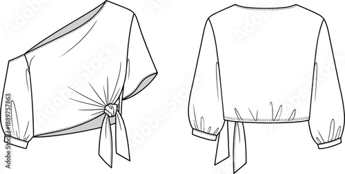 Technical fashion sketch of asymmetrical women’s top with gathered waist tie, one short sleeve, off-shoulder detail – front and back view illustration.