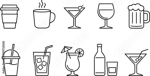 Set of black line icons representing different beverages including coffee cup, takeaway coffee, iced drink, cocktail, wine glass, beer mug, juice, milkshake, tea cup, and tropical drink. Minimalist ou
