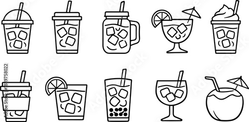 Set of black line icons representing different beverages including coffee cup, takeaway coffee, iced drink, cocktail, wine glass, beer mug, juice, milkshake, tea cup, and tropical drink. Minimalist ou