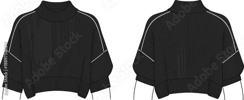 Technical fashion sketch of black ribbed knit sweater with high neckline, dropped shoulders, wide sleeves, front and back view for garment design