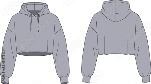 Technical fashion sketch of cropped hoodie with drawstring hood, dropped shoulders, seam details, front and back view for garment design and illustration