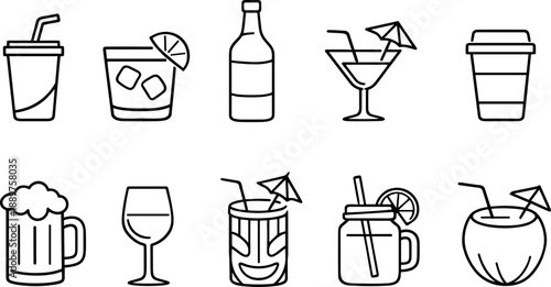 Set of black line icons representing different beverages including coffee cup, takeaway coffee, iced drink, cocktail, wine glass, beer mug, juice, milkshake, tea cup, and tropical drink. Minimalist ou