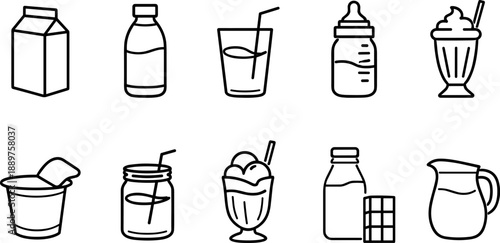 Set of black line icons representing different beverages including coffee cup, takeaway coffee, iced drink, cocktail, wine glass, beer mug, juice, milkshake, tea cup, and tropical drink. Minimalist ou