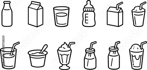 Set of black line icons representing different beverages including coffee cup, takeaway coffee, iced drink, cocktail, wine glass, beer mug, juice, milkshake, tea cup, and tropical drink. Minimalist ou