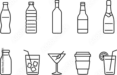 Set of black line icons representing different beverages including coffee cup, takeaway coffee, iced drink, cocktail, wine glass, beer mug, juice, milkshake, tea cup, and tropical drink. Minimalist ou