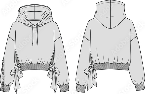 Technical fashion sketch of cropped hoodie with drawstring hood, ribbed cuffs, side slits tied with bows – front and back views for garment design.