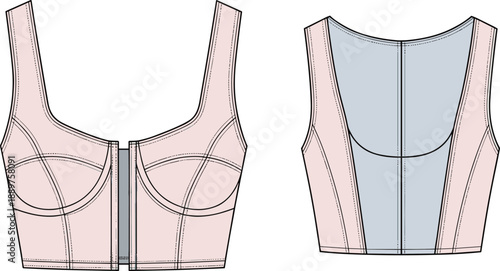 Technical fashion sketch of cropped bustier-style tank top with structured cups, wide straps, and panel seams – front and back views for garment design.