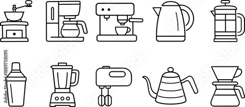 Set of black line icons representing different beverages including coffee cup, takeaway coffee, iced drink, cocktail, wine glass, beer mug, juice, milkshake, tea cup, and tropical drink. Minimalist ou