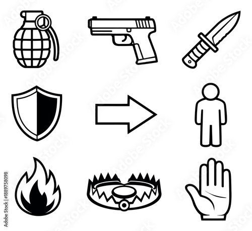 Line art security and warning set featuring a grenade, pistol, knife, shield, flame, and bear trap for risk and safety concepts