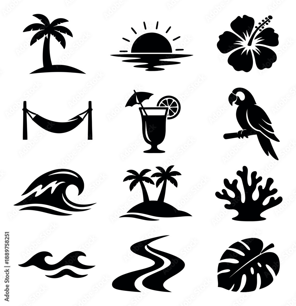 Obraz premium Graphic tropical icon set featuring palm trees, sunset, and beach elements for summer holiday projects