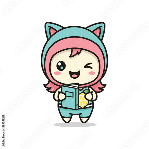 Cute Cat Girl Reading Book Illustration