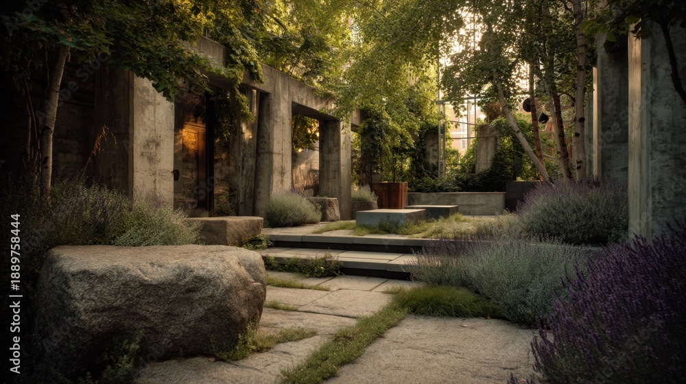 Fototapeta premium Tranquil modern courtyard with lush greenery and stone pathway