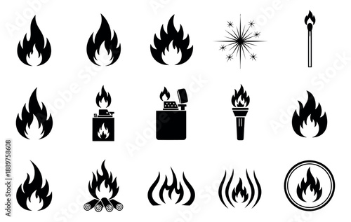 Black silhouette fire and flame icons set featuring flames, lighters, matchstick, sparkler, torch, and campfire for warning and energy concepts