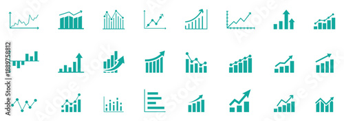 Business chart and graph vector icon collection including growing bar 60 icons, statistics symbols, analytics diagrams, up and down arrows, data visualization, and financial performance graphics.
