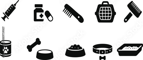 Set of pet care vector icons featuring syringe, medicine, comb, carrier, brush, can food, bone, bowl, collar, and litter box