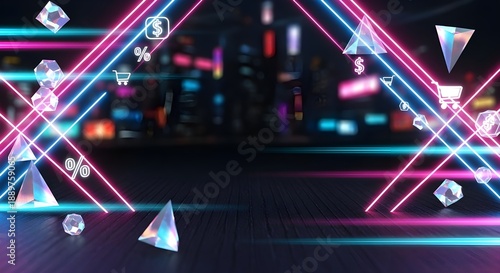 “Futuristic mega deals sale banner background, neon pink and electric blue lights, glowing discount icons, holographic shapes, cyberpunk city glow, dynamic motion blur, dark background with vibrant hi